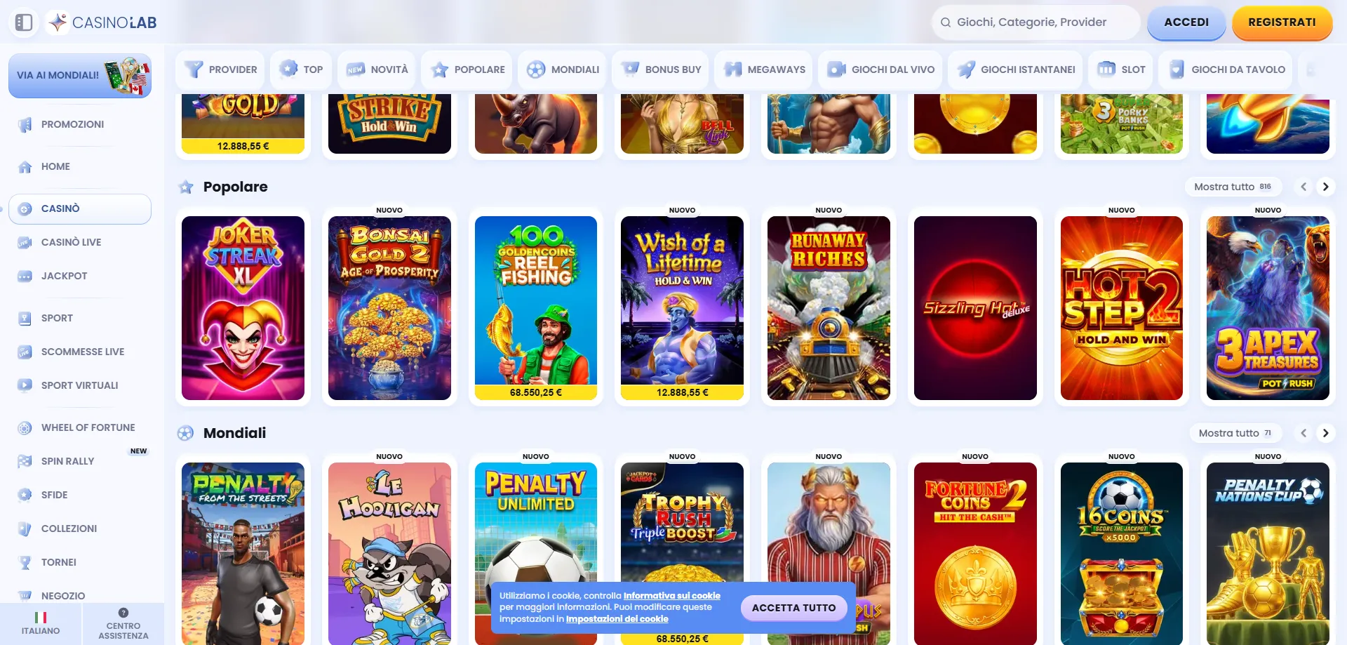 Selezione di giochi di Casinolab Casino slot e tavoli live